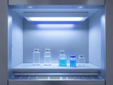 Close-up of safety cabinet with UV sterilization lamp above biochemical tools