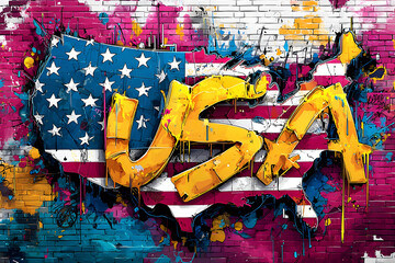 USA Graffiti Mural with Map Silhouette and Bold Yellow Typography