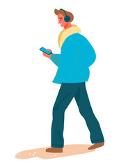 Man walking with headphones and holding cellphone icon. Trendy vector isolated on transparent  background.