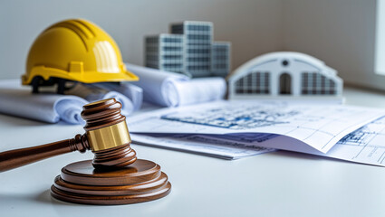 Labor and construction law with gavel, blueprint, hard hat, and building model.