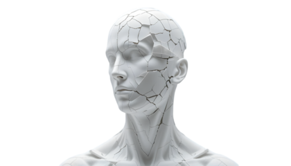 A fractured white plaster bust of a mans head and shoulders, isolated on transparent background