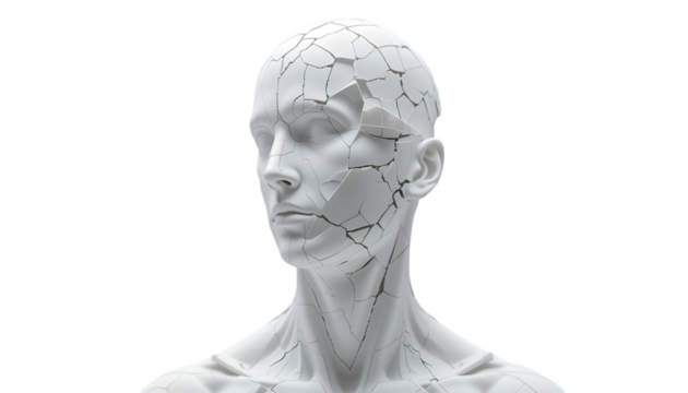 A fractured white plaster bust of a mans head and shoulders, isolated on transparent background