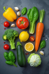 Fresh, vibrant, and colorful vegetables arranged on a dark background, perfect for healthy eating and culinary concepts