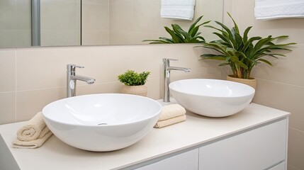 Fototapeta premium A beautifully designed bathroom showcases a white double sink vanity with a sleek mirror and storage cabinet, complemented by greenery and minimalist decor