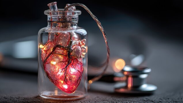 Heart in a glass bottle, lit from within, with stethoscope