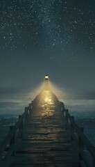 A tranquil wooden pier extends into a starlit night, illuminated by a lighthouse's warm glow.