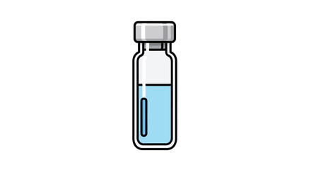 A cartoon illustration of a small glass vial containing blue liquid, sealed with a cap.