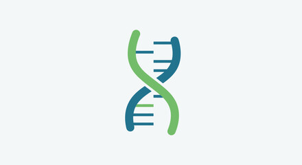 A stylized illustration of a DNA double helix structure in green and blue.