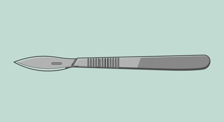 Illustration of a surgical scalpel with a metal blade and textured handle, lying horizontally on a light blue background.