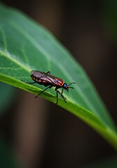 Naklejka premium Close-up of Wasp on Green Leaf with Dark Background in Natural Setting
