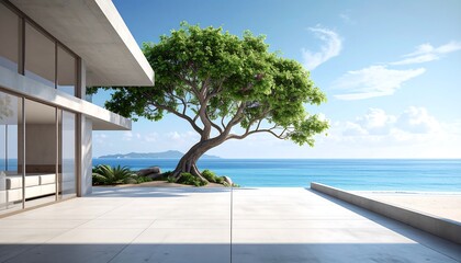 Modern home with ocean view, large tree and bright blue sky overlooking the water