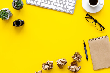 Flat lay of writer or blogger items, top view. Concept of creativity and inspiration