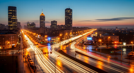 Fototapeta premium Captivating long exposure of a vibrant city highway at dusk, showcasing illuminated traffic trails and modern skyscrapers