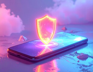 Smartphone security concept with a glowing shield