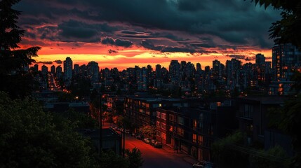 Obraz premium Dramatic sunset over city skyline, residential street below.