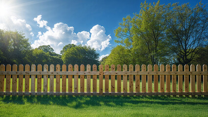 Obraz premium Wooden backyard fence with green grass and cloudy sky horizon.