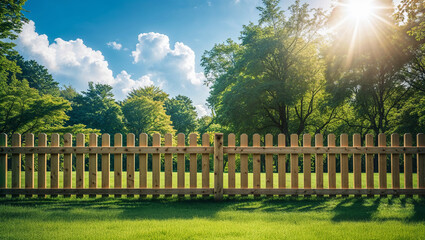 Wooden fence wall with fresh lawn grass and blue sky outdoor.