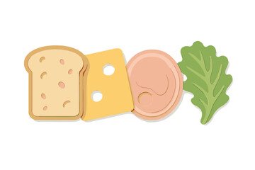 Slices of bread, cheese, ham, and lettuce arranged for a tasty sandwich preparation