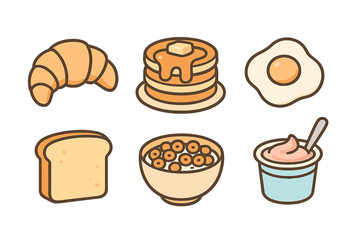 Breakfast items including croissant, pancakes, egg, toast, cereal, and yogurt in a simple, colorful design