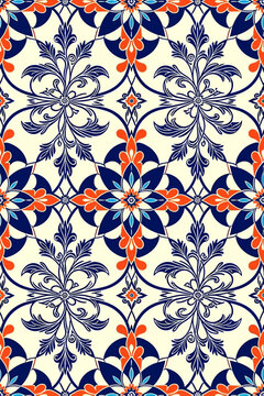 Elegant damask pattern in navy and orange, perfect for sophisticated backgrounds, textiles, and branding projects seeking a touch of classic style