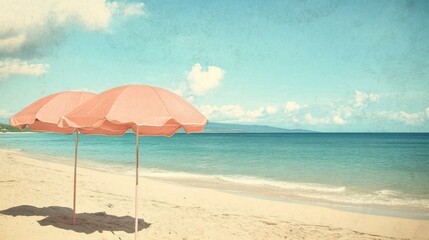 Fototapeta premium Two pink beach umbrellas on a sandy shore.