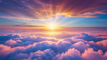 Dramatic sunset cloudy sky from aerial perspective, evening beauty.