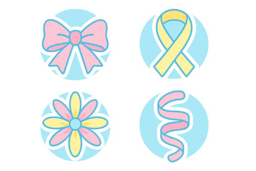 Colorful stickers with bow, ribbon, flower, and swirl designs on a light blue background for crafting and decoration purposes