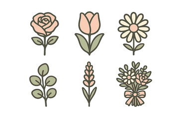 Colorful floral illustrations with roses, tulips, daisies, and a bouquet in a simple design style