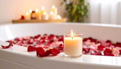 Romantic bathtub setting with floating rose petals and lit candles in soft lighting