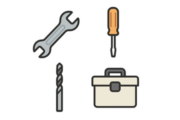 Tools arranged neatly on a surface, including a wrench, screwdriver, drill bit, and toolbox, ideal for repair and maintenance tasks