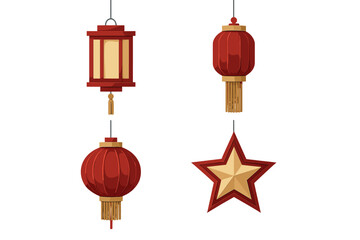 Colorful decorations hang from strings at a festive celebration event showcasing traditional lanterns and stars