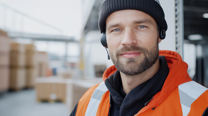 Worker portrait in warehouse logistics uniform with headset and beard for safety industry job