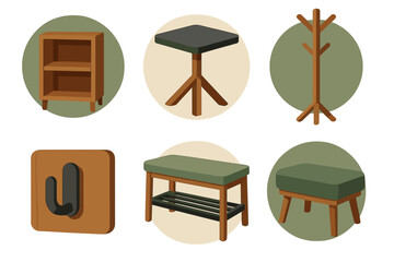 Collection of modern wooden furniture pieces arranged with stylish design elements for home decor inspiration