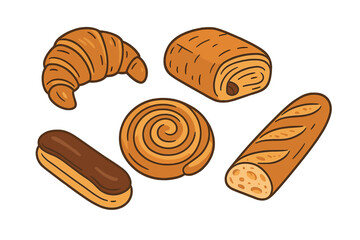Pastries displayed on a white background showcasing different types of baked goods