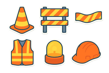 Safety equipment for construction sites featuring cones, signs, and helmets in vibrant colors
