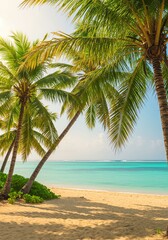 Fototapeta premium Tropical Beach Scene with Palm Trees and Clear Ocean Water