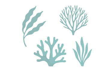 Decorative seaweed and coral designs in soft teal colors for creative projects and ocean-themed decor