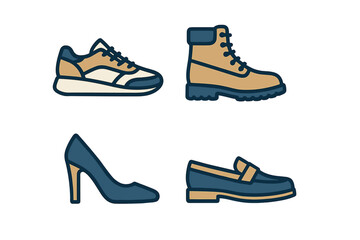 Variety of footwear designs including sneakers, boots, high heels, and loafers displayed on a clean background