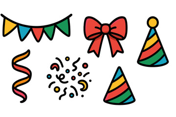 Colorful party decorations featuring hats, bows, and festive confetti for a joyful celebration