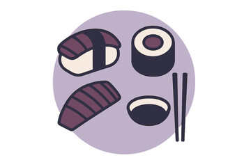 Popular sushi varieties displayed with chopsticks on a purple background highlighting Japanese cuisine