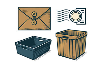 Illustrations of various containers including an envelope, parcel, and storage box in a simple, modern style