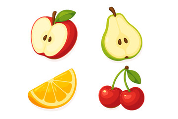 Colorful cartoon fruits including an apple, pear, orange slice, and cherries on a white background