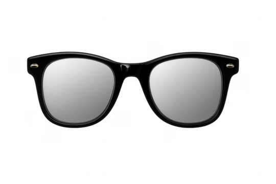 Black modern sunglasses with mirrored lenses, transparent background