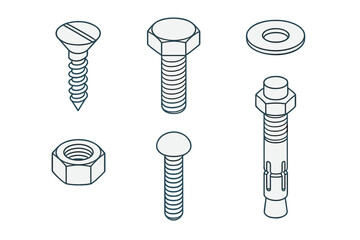 Different types of fasteners including screws, bolts, and nuts arranged in a simple design