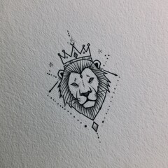A regal lion's head, adorned with a crown, is depicted in a detailed line art style.