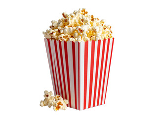 Fresh popcorn in striped container, classic snack for movie nights, theater events, parties, and celebrations, isolated on a white background.