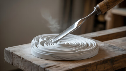 Sculptor's chisel carving intricate spiral pattern into white plaster object on wooden workbench