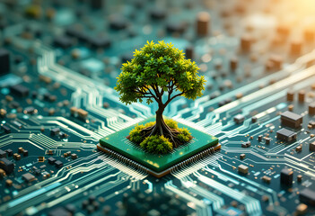 Eco friendly technology concept of a vital tree growing on a central CPU chip on a circuit board