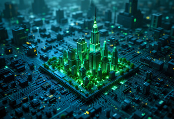 Eco friendly futuristic green smart city architecture built on an electronic circuit board