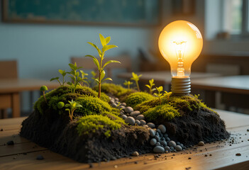 Sustainable eco friendly idea education concept with a lightbulb and a dirt mound where small plants grow